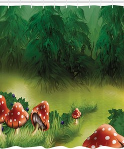 Apple Green Fern Green Mushroom Shower Curtain with Fly Agarics and Greenwood Scenery for a Whimsical Bathroom Decor