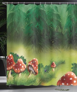 Apple Green Fern Green Mushroom Shower Curtain with Fly Agarics and Greenwood Scenery for a Whimsical Bathroom Decor