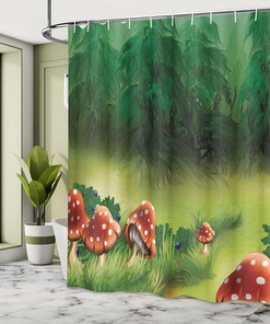 Apple Green Fern Green Mushroom Shower Curtain with Fly Agarics and Greenwood Scenery for a Whimsical Bathroom Decor