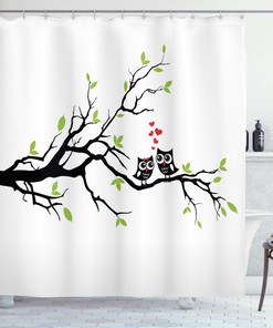 Apple Green Owls Shower Curtain, Owls in Love Sitting on a Branch Leaf Hearts Romance, Bathroom Decor Home Decor 