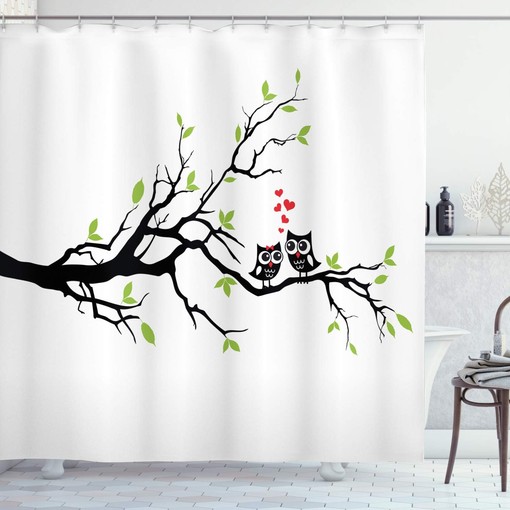 Apple Green Owls Shower Curtain, Owls in Love Sitting on a Branch Leaf Hearts Romance, Bathroom Decor Home Decor