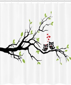 Apple Green Owls Shower Curtain, Owls in Love Sitting on a Branch Leaf Hearts Romance, Bathroom Decor Home Decor
