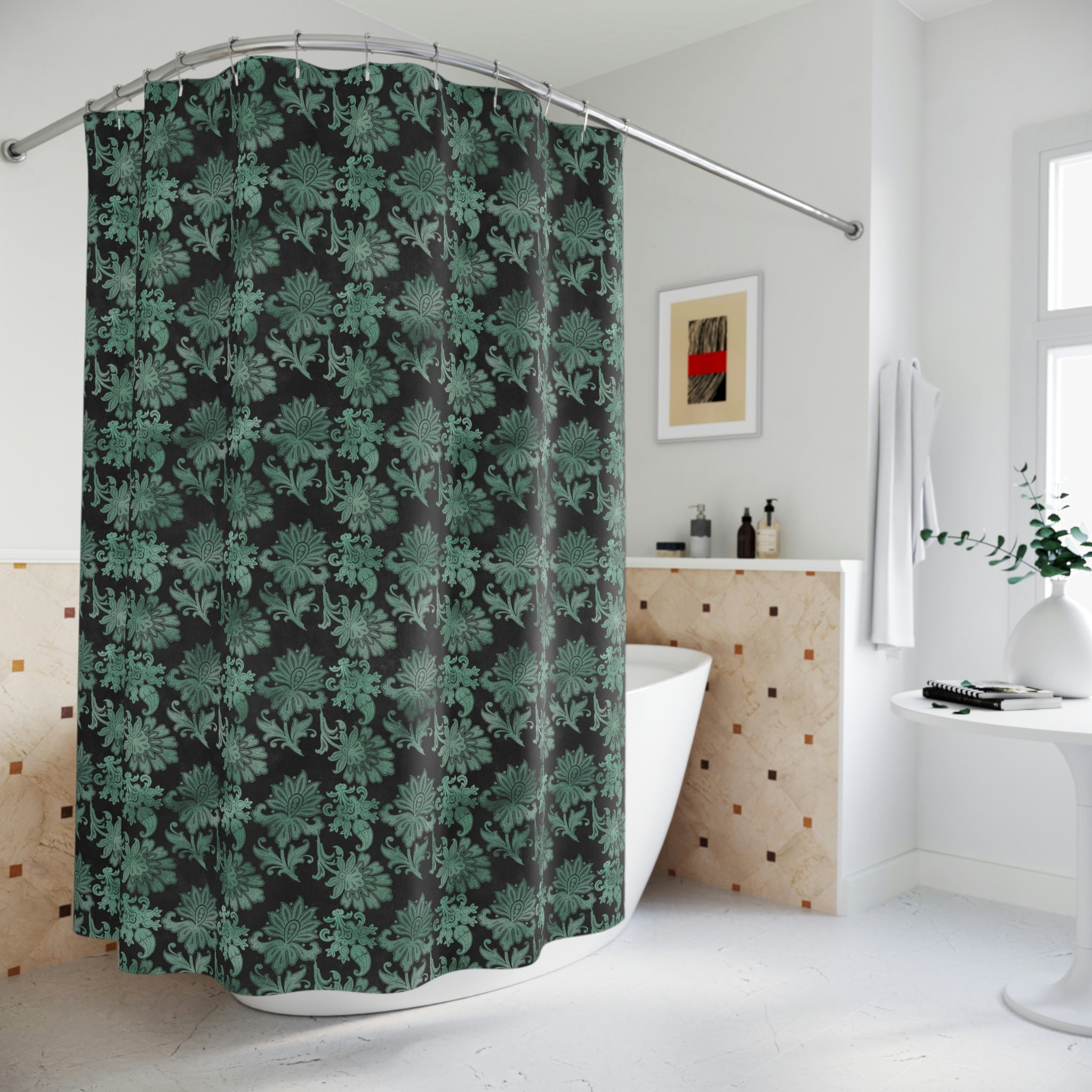 Aqua Silver Floral Shower Curtain for Elegant Bathroom Decor