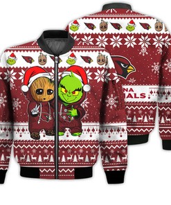 Arizona Cardinals Baby Groot And Grinch Best Friends Football American Ugly Christmas Sweater Gifts Unisex 3D Bomber Jacket