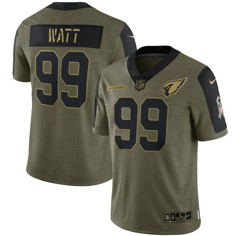 Arizona Cardinals J.j. Watt 99 Nfl Olive 2021 Salute To Service Player Men Jersey For Cardinals Fans