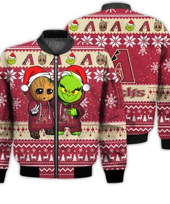 Arizona Diamondbacks Baby Groot And Grinch Best Friends Football American Ugly Christmas Sweater Gifts Unisex 3D Bomber Jacket