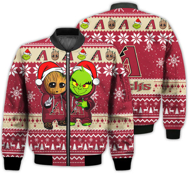 Arizona Diamondbacks Baby Groot And Grinch Best Friends Football American Ugly Christmas Sweater Gifts Unisex 3D Bomber Jacket