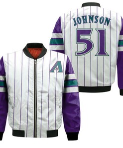 Arizona Diamondbacks Randy Johnson 51 Mlb White Purple Jersey Inspired Style Bomber Jacket