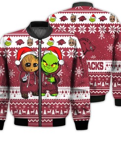 Arkansas Razorbacks Baby Groot And Grinch Best Friends Football American Ugly Christmas Sweater Gifts Unisex 3D Bomber Jacket