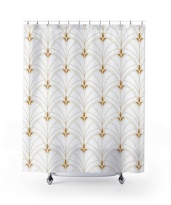 Art Nouveau Fan Pattern Shower Curtain - Geometric Print Chic Modern Bathroom Accessory in White and Gold