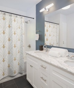 Art Nouveau Fan Pattern Shower Curtain - Geometric Print Chic Modern Bathroom Accessory in White and Gold