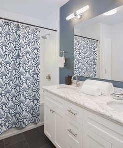 Art Nouveau Fan Pattern Shower Curtain - Geometric Print Vintage Bathroom Accessory in Blue and White