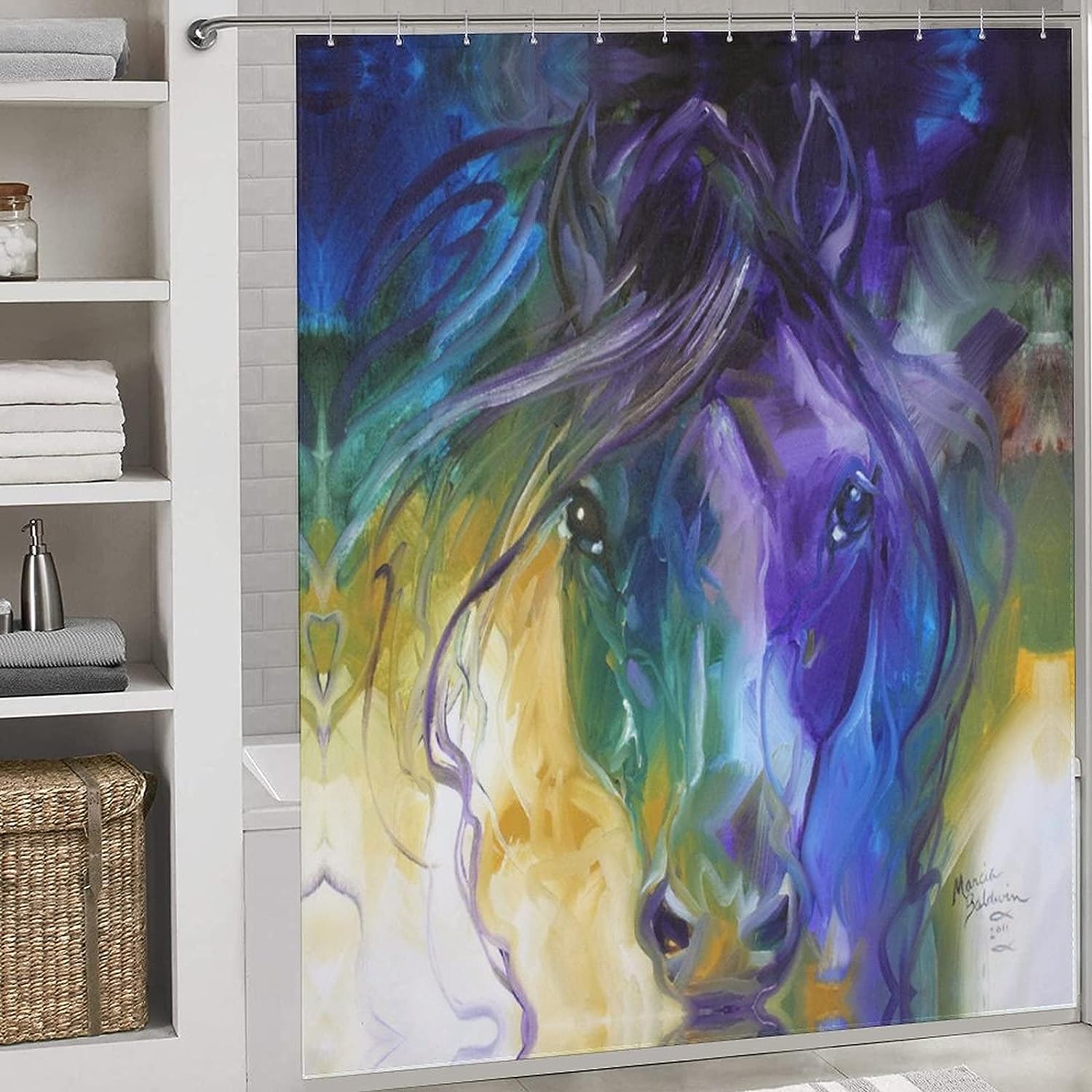 Artistic Abstract Horse Shower Curtain with Rustproof Hooks for Elegant Bathroom Decor