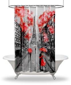 Artistic Eiffel Tower Building Print on Waterproof Button Hole Shower Drapes for Bathroom Decoration 