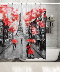 Artistic Eiffel Tower Building Print on Waterproof Button Hole Shower Drapes for Bathroom Decoration