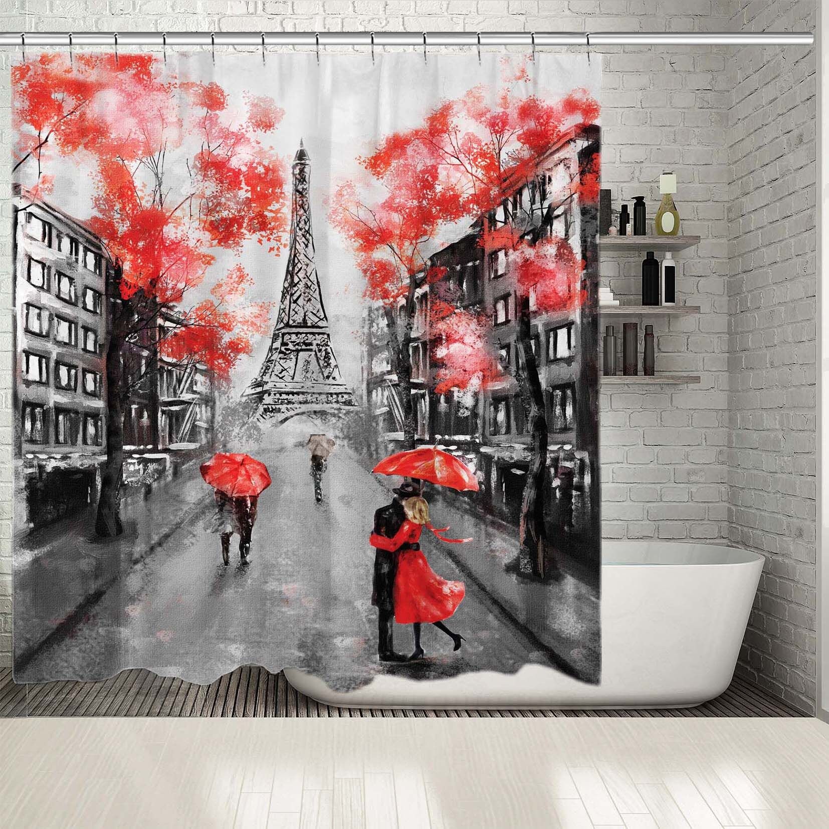 Artistic Eiffel Tower Building Print on Waterproof Button Hole Shower Drapes for Bathroom Decoration