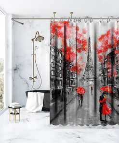 Artistic Eiffel Tower Building Print on Waterproof Button Hole Shower Drapes for Bathroom Decoration