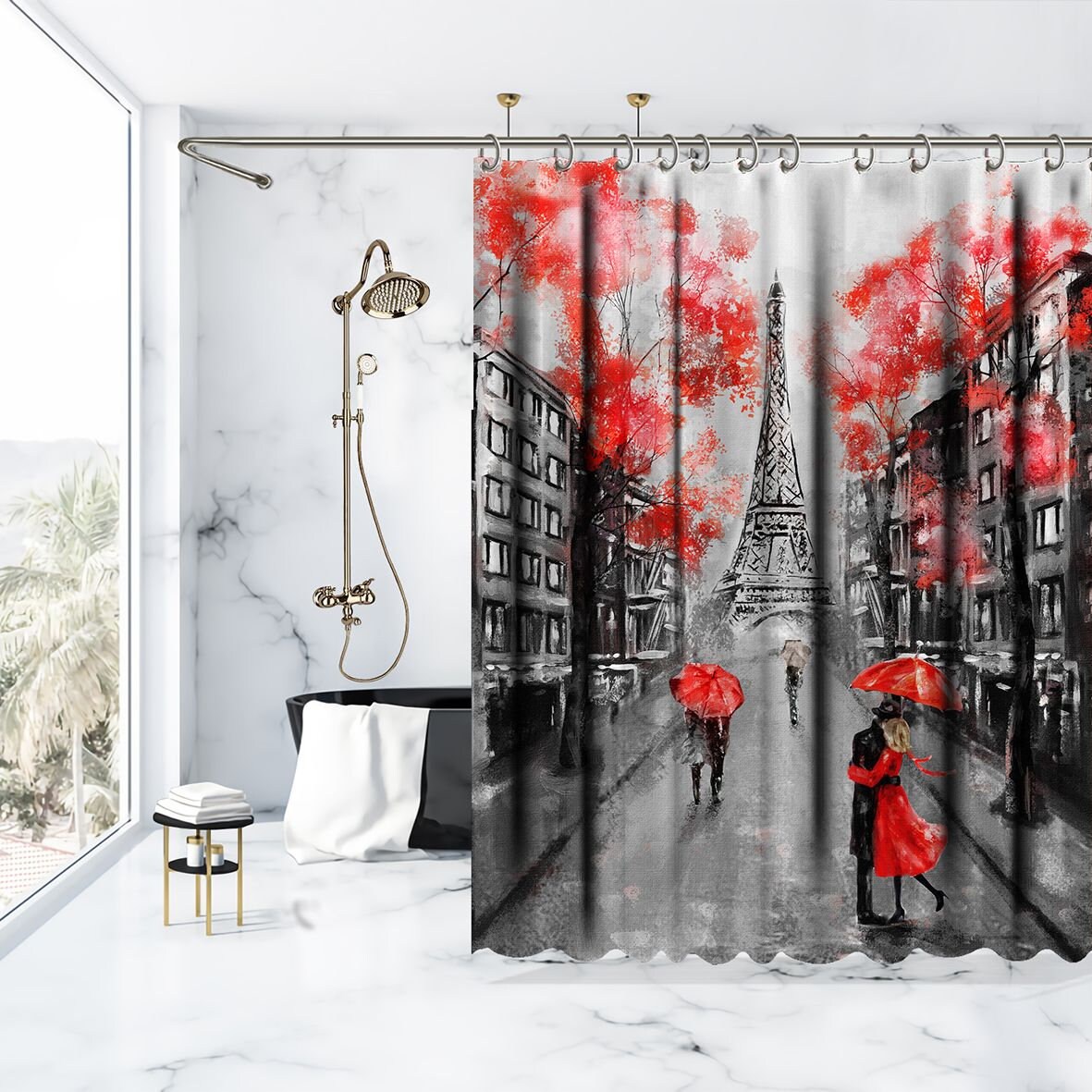 Artistic Eiffel Tower Building Print on Waterproof Button Hole Shower Drapes for Bathroom Decoration