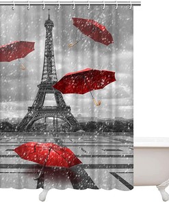 Artistic Eiffel Tower Shower Curtain with Red Umbrella Paris France Street Landscape Bath Curtain Fabric