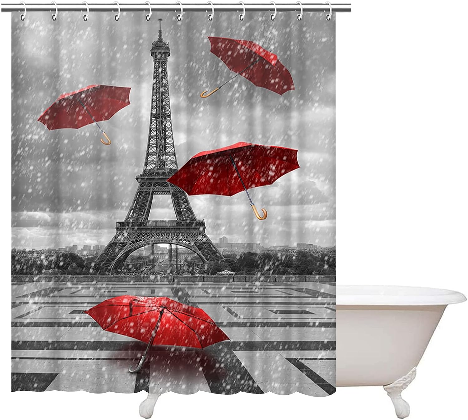 Artistic Eiffel Tower Shower Curtain with Red Umbrella Paris France Street Landscape Bath Curtain Fabric