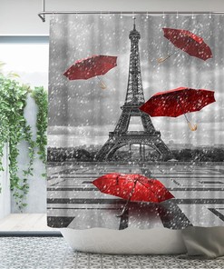Artistic Eiffel Tower Shower Curtain with Red Umbrella Paris France Street Landscape Bath Curtain Fabric