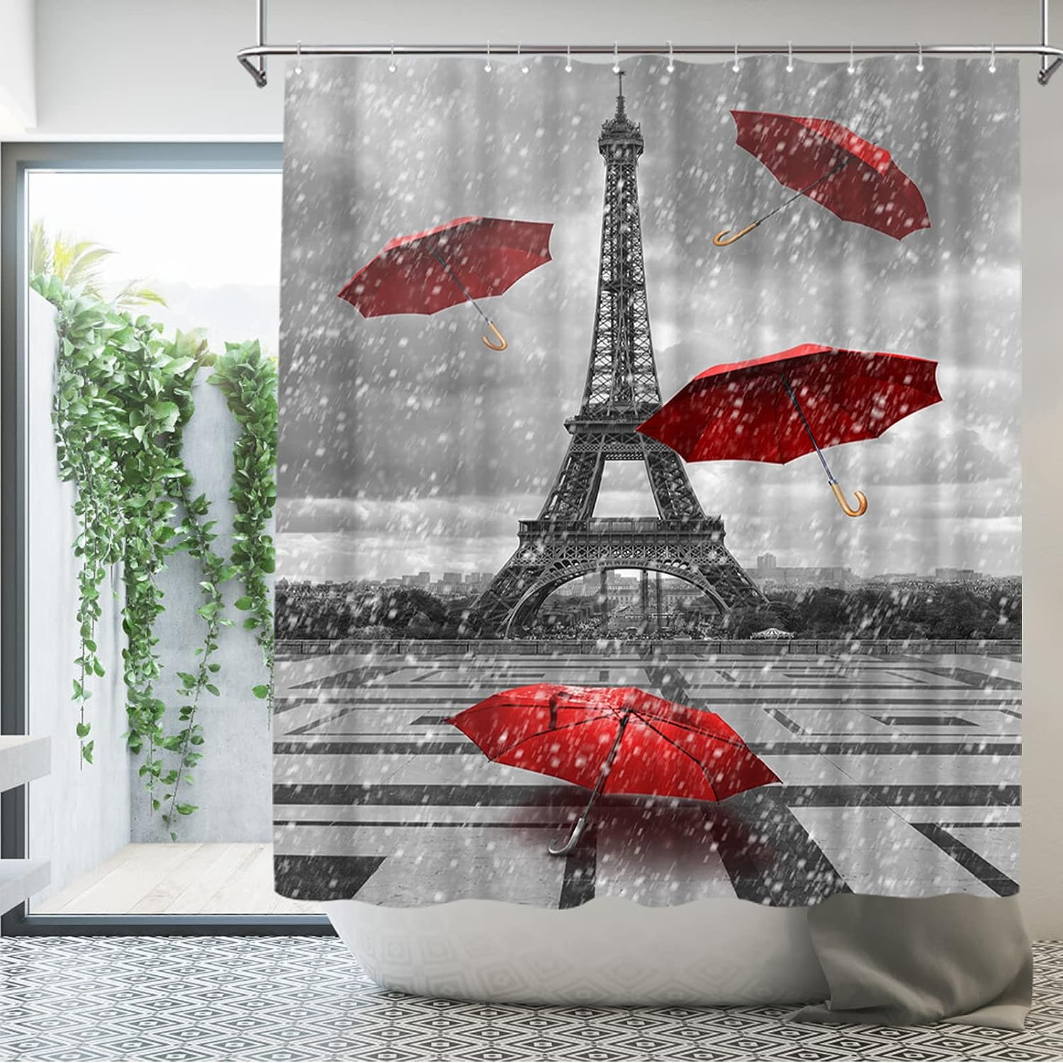 Artistic Eiffel Tower Shower Curtain with Red Umbrella Paris France
