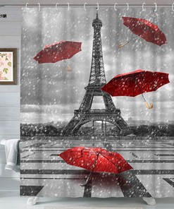 Artistic Eiffel Tower Shower Curtain with Red Umbrella Paris France Street Landscape Bath Curtain Fabric