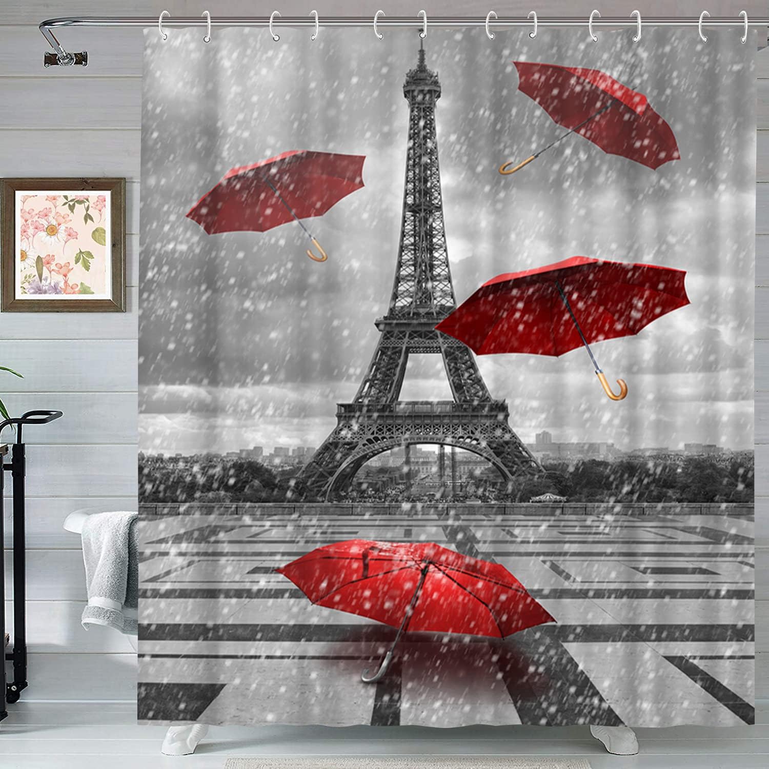 Artistic Eiffel Tower Shower Curtain with Red Umbrella Paris France Street Landscape Bath Curtain Fabric
