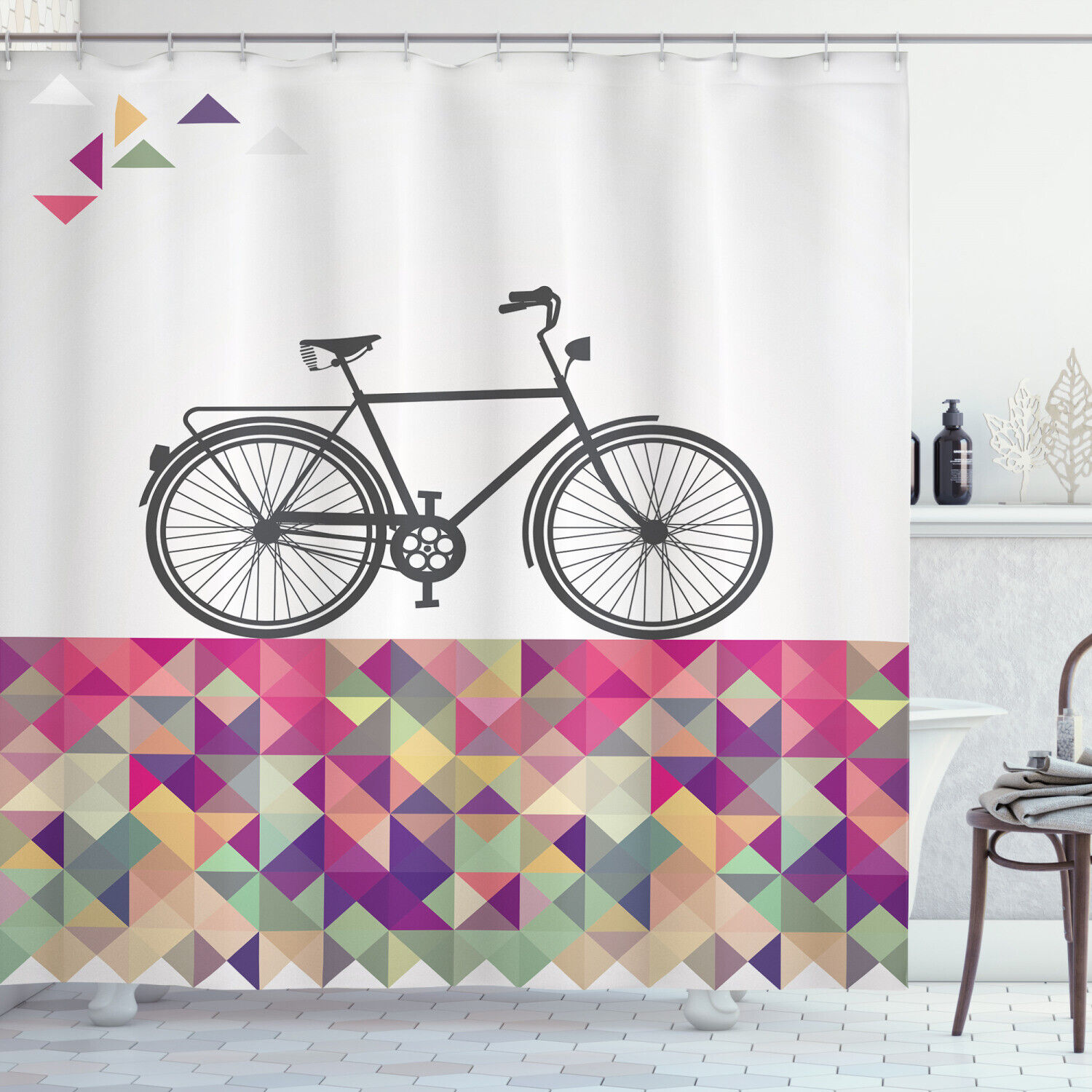 Artistic Geometric Bicycle Shower Curtain in Multicolor Diamond Style