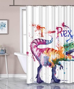 Artistic Print Animal Dinosaur Shower Curtain with Watercolor Painting T-Rex for Kids Bathroom