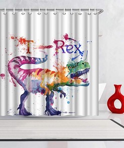 Artistic Print Animal Dinosaur Shower Curtain with Watercolor Painting T-Rex for Kids Bathroom 