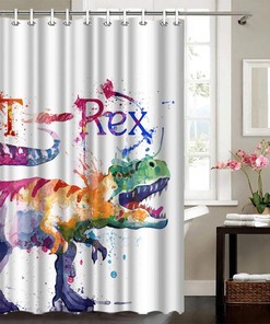 Artistic Print Animal Dinosaur Shower Curtain with Watercolor Painting T-Rex for Kids Bathroom 