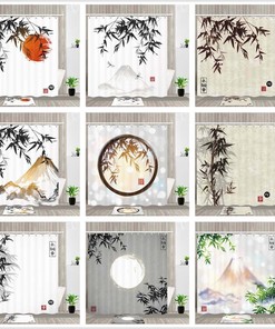Asian Art Waterproof Fabric Shower Curtain with Bamboo Sun and Mount Fuji Japan Design