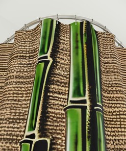 Asian Fresh Green Plants Print Shower Curtain with Bamboo Theme - Perfect for Balcony View