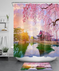 Asian Garden Lakeside Sakura Blossoms Shower Curtain - Bathroom Decor