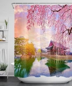 Asian Garden Lakeside Sakura Blossoms Shower Curtain - Bathroom Decor