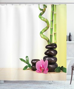 Asian Meditative Zen Theme Print Shower Curtain with Bamboo Sprouts and Rocks