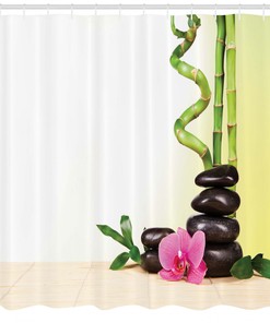 Asian Meditative Zen Theme Print Shower Curtain with Bamboo Sprouts and Rocks