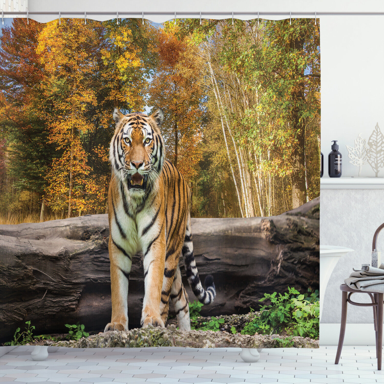 Asian Tiger in Forest Animal Print Shower Curtain for Bathroom
