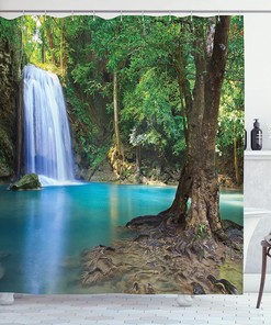 Asian Waterfall Shower Curtain, Waterfall Tourist Attraction in Thailand Jungle, Cloth Bathroom Decor W, Turquoise Blue 