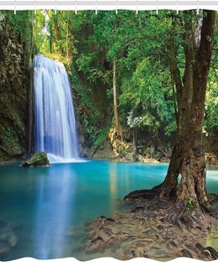 Asian Waterfall Shower Curtain, Waterfall Tourist Attraction in Thailand Jungle, Cloth Bathroom Decor W, Turquoise Blue