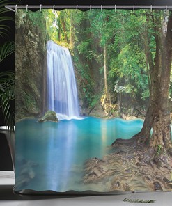 Asian Waterfall Shower Curtain, Waterfall Tourist Attraction in Thailand Jungle, Cloth Bathroom Decor W, Turquoise Blue 