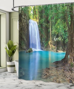 Asian Waterfall Shower Curtain, Waterfall Tourist Attraction in Thailand Jungle, Cloth Bathroom Decor W, Turquoise Blue 