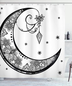 Astrology Paisley Shower Curtain, Crescent Gem and Floral Moon Design Print, Bathroom Decor