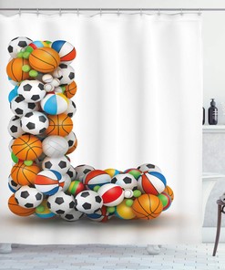 Athleticism Volleyball Basketball Shower Curtain, Letters L Alphabet Print Cloth Fabric Bathroom Decor, Home Decor Orange/Blue/White