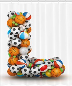 Athleticism Volleyball Basketball Shower Curtain, Letters L Alphabet Print Cloth Fabric Bathroom Decor, Home Decor Orange/Blue/White