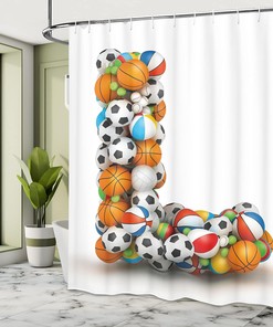 Athleticism Volleyball Basketball Shower Curtain, Letters L Alphabet Print Cloth Fabric Bathroom Decor, Home Decor Orange/Blue/White