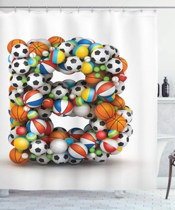 Athletics Games Alphabet Shower Curtain, Tennis Volleyball Football Basketball Baseball Theme Cloth Fabric Bathroom Décor
