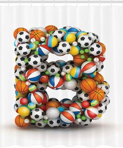 Athletics Games Alphabet Shower Curtain, Tennis Volleyball Football Basketball Baseball Theme Cloth Fabric Bathroom Décor