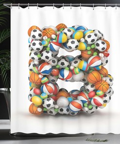 Athletics Games Alphabet Shower Curtain, Tennis Volleyball Football Basketball Baseball Theme Cloth Fabric Bathroom Décor